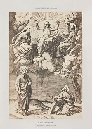 Photograph of print: Marcantonio Raimondi (c. 1470 or 1482 - 1527 or 1534) according to Raphael (1483-1520), La piece de cinq saints ; sheet from: Notice sur la vie de Marc Antoine Raimondi Graveur Bolonais accompagnée de reproductions photographiques de quelques unes de ses Estampes par M. Benjamin Delessert