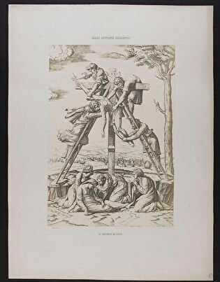 Photograph of print: Marcantonio Raimondi (c. 1470 or 1482 - 1527 or 1534) according to Raphael (1483-1520), La descente de croix [The Descent from the Cross] ; sheet from: Notice sur la vie de Marc Antoine Raimondi Graveur Bolonais accompagnée de reproductions photographiques de quelques unes de ses Estampes par M. Benjamin Delessert, vol. 4, 1853