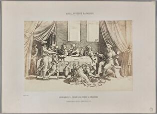 Photograph of print: Marcantonio Raimondi (c. 1470 or 1482 - 1527 or 1534), Jésus-Christ a table chez Simon le Pharisien ; sheet from: Notice sur la vie de Marc Antoine Raimondi Graveur Bolonais accompagnée de reproductions photographiques de quelques unes de ses Estampes par M. Benjamin Delessert