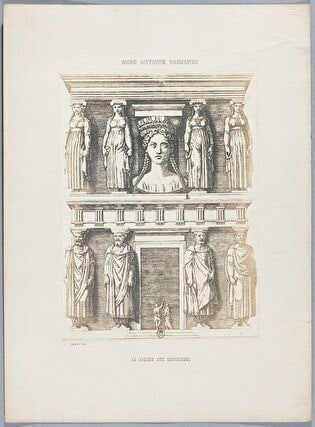 Photograph of print: Marcantonio Raimondi (c. 1470 or 1482 - 1527 or 1534) according to Raphael (1483-1520), La façade aux cariatides ; sheet from: Notice sur la vie de Marc Antoine Raimondi Graveur Bolonais accompagnée de reproductions photographiques de quelques unes de ses Estampes par M. Benjamin Delessert