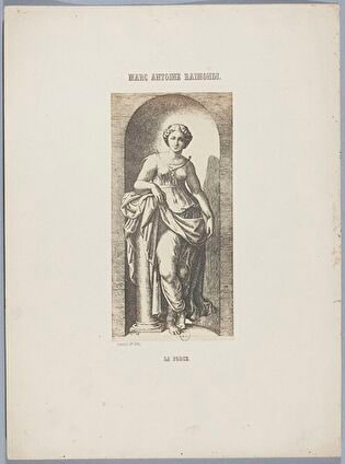 Photograph of print: Marcantonio Raimondi (c. 1470 or 1482 - 1527 or 1534) according to Raphael (1483-1520), La Force ; sheet from: Notice sur la vie de Marc Antoine Raimondi Graveur Bolonais accompagnée de reproductions photographiques de quelques unes de ses Estampes par M. Benjamin Delessert