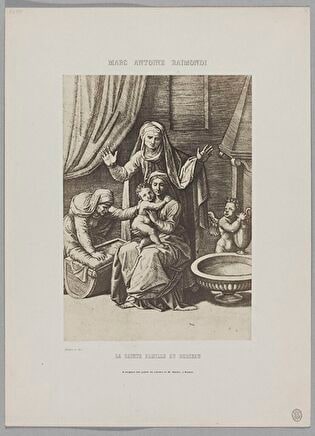 Photograph of print: Marcantonio Raimondi (c. 1470 or 1482 - 1527 or 1534) according to Raphael (1483-1520), La Sainte Famille au berceau ; sheet from: Notice sur la vie de Marc Antoine Raimondi Graveur Bolonais accompagnée de reproductions photographiques de quelques unes de ses Estampes par M. Benjamin Delessert, vol. 1, 1853