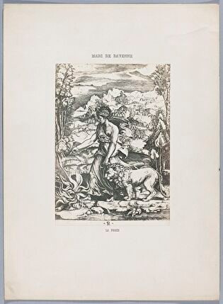 Photograph of print: Marco de Ravenna [Marco Dente] (1493–1527) ; La Force ; sheet from: Notice sur la vie de Marc Antoine Raimondi Graveur Bolonais accompagnée de reproductions photographiques de quelques unes de ses Estampes par M. Benjamin Delessert