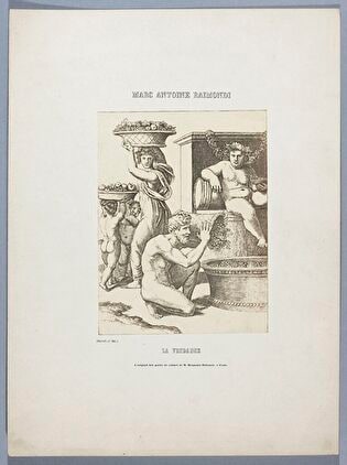 Photograph of print: Marcantonio Raimondi (c. 1470 or 1482 - 1527 or 1534) according to Raphael (1483-1520), La vendange ; sheet from: Notice sur la vie de Marc Antoine Raimondi Graveur Bolonais accompagnée de reproductions photographiques de quelques unes de ses Estampes par M. Benjamin Delessert, vol. 1, 1853