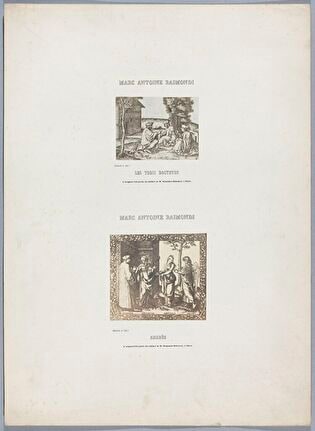 Photographs of two prints: Marcantonio Raimondi (c. 1470 or 1482 - 1527 or 1534) according to Raphael (1483-1520), Les trois docteurs ; Amadée ; sheet from: Notice sur la vie de Marc Antoine Raimondi Graveur Bolonais accompagnée de reproductions photographiques de quelques unes de ses Estampes par M. Benjamin Delessert