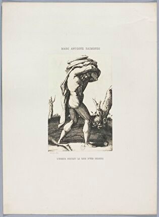 Photograph of print: Marcantonio Raimondi (c. 1470 or 1482 - 1527 or 1534) according to Raphael (1483-1520), L'Homme portant la base d'une colonne ; sheet from: Notice sur la vie de Marc Antoine Raimondi Graveur Bolonais accompagnée de reproductions photographiques de quelques unes de ses Estampes par M. Benjamin Delessert