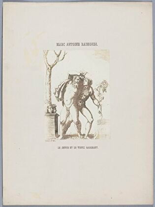Photograph of print: Marcantonio Raimondi (c. 1470 or 1482 - 1527 or 1534) according to Raphael (1483-1520), Le jeune et le vieux Bacchant ; sheet from: Notice sur la vie de Marc Antoine Raimondi Graveur Bolonais accompagnée de reproductions photographiques de quelques unes de ses Estampes par M. Benjamin Delessert