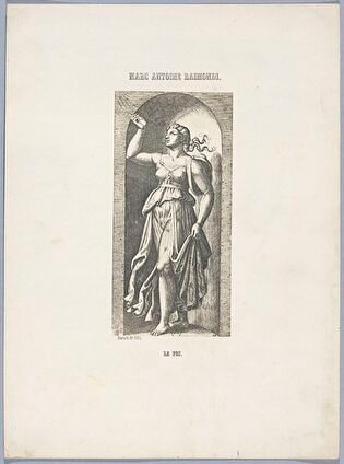 Photograph of print: Marcantonio Raimondi (c. 1470 or 1482 - 1527 or 1534) according to Raphael (1483-1520), La Foi ; sheet from: Notice sur la vie de Marc Antoine Raimondi Graveur Bolonais accompagnée de reproductions photographiques de quelques unes de ses Estampes par M. Benjamin Delessert
