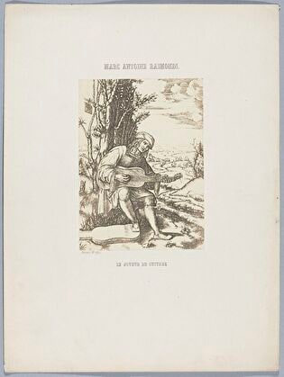 Photograph of print: Marcantonio Raimondi (c. 1470 or 1482 - 1527 or 1534) according to Raphael (1483-1520), Le joueur de guitare ; sheet from: Notice sur la vie de Marc Antoine Raimondi Graveur Bolonais accompagnée de reproductions photographiques de quelques unes de ses Estampes par M. Benjamin Delessert