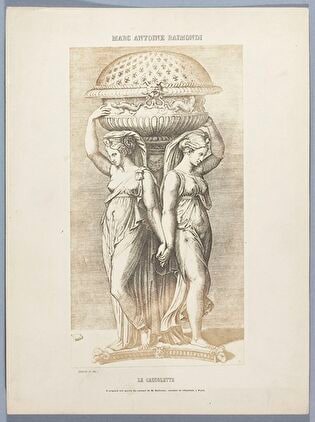 Photograph of print: Marcantonio Raimondi (c. 1470 or 1482 - 1527 or 1534) according to Raphael (1483-1520), La Cassolette ; sheet from: Notice sur la vie de Marc Antoine Raimondi Graveur Bolonais accompagnée de reproductions photographiques de quelques unes de ses Estampes par M. Benjamin Delessert, vol. 1, 1853