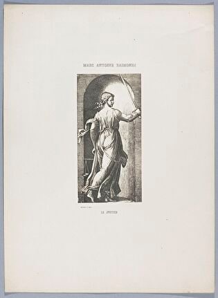 Photograph of print: Marcantonio Raimondi (c. 1470 or 1482 - 1527 or 1534) according to Raphael (1483-1520), La Justice; sheet from: Notice sur la vie de Marc Antoine Raimondi Graveur Bolonais accompagnée de reproductions photographiques de quelques unes de ses Estampes par M. Benjamin Delessert