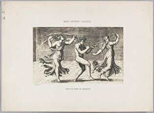 Photograph of print: Marcantonio Raimondi (c. 1470 or 1482 - 1527 or 1534) according to Raphael (1483-1520), Danse de Faune et Bachantes ; sheet from: Notice sur la vie de Marc Antoine Raimondi Graveur Bolonais accompagnée de reproductions photographiques de quelques unes de ses Estampes par M. Benjamin Delessert