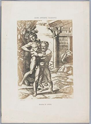 Photograph of print: Marcantonio Raimondi (c. 1470 or 1482 - 1527 or 1534) according to Raphael (1483-1520), Hercule et Anthée ; sheet from: Notice sur la vie de Marc Antoine Raimondi Graveur Bolonais accompagnée de reproductions photographiques de quelques unes de ses Estampes par M. Benjamin Delessert