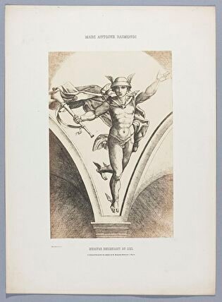 Photograph of print: Marcantonio Raimondi (c. 1470 or 1482 - 1527 or 1534) according to Raphael (1483-1520), Mercure descendant du ciel ; sheet from: Notice sur la vie de Marc Antoine Raimondi Graveur Bolonais accompagnée de reproductions photographiques de quelques unes de ses Estampes par M. Benjamin Delessert