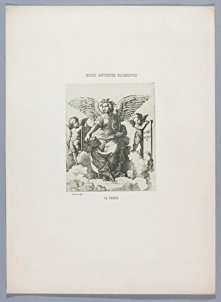 Photograph of print: Marcantonio Raimondi (c. 1470 or 1482 - 1527 or 1534) according to Raphael (1483-1520), La Poésie ; sheet from: Notice sur la vie de Marc Antoine Raimondi Graveur Bolonais accompagnée de reproductions photographiques de quelques unes de ses Estampes par M. Benjamin Delessert