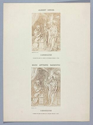 Photographs of two prints: Marcantonio Raimondi (c. 1470 or 1482 - 1527 or 1534), L'Annonciation (according to A. Dürer) ; L'Annonciation (copy by M.-A. Raimondi according to Dürer) ; sheet from: Notice sur la vie de Marc Antoine Raimondi Graveur Bolonais accompagnée de reproductions photographiques de quelques unes de ses Estampes par M. Benjamin Delessert, vol. 1, 1853