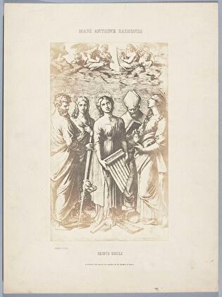 Photograph of print: Marcantonio Raimondi (c. 1470 or 1482 - 1527 or 1534) according to Raphael (1483-1520), Sainte Cécile ; sheet from: Notice sur la vie de Marc Antoine Raimondi Graveur Bolonais accompagnée de reproductions photographiques de quelques unes de ses Estampes par M. Benjamin Delessert, vol. 1, 1853