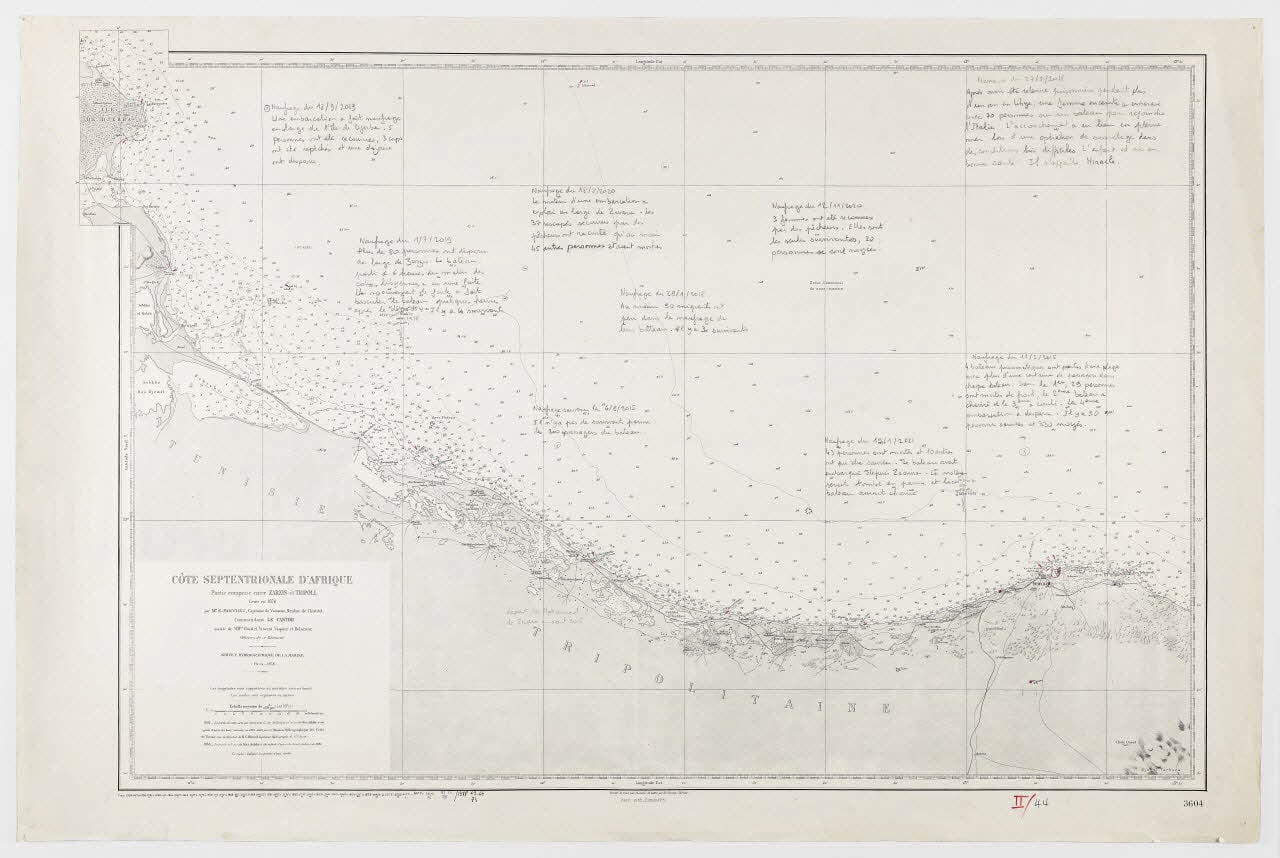 Carte marine des naufrages, Côte septentrionale d'Afrique, entre Zarzis et Tripoli, L'Atlas en mouvement, série "Prendre la mer" (9)