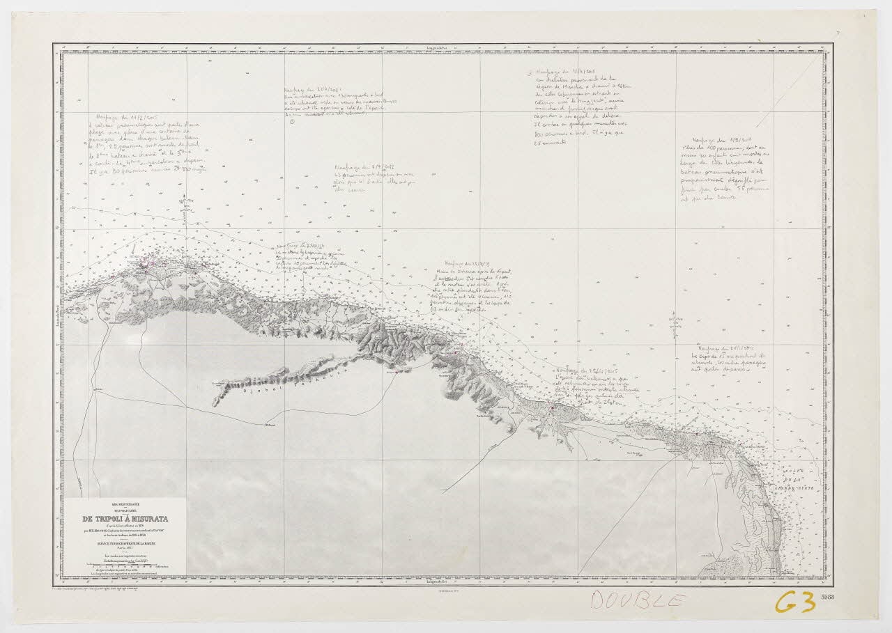 Carte marine des naufrages, Mer Méditerranée tripolitaine de Tripoli à Misurata, L'Atlas en mouvement, série "Prendre la mer" (7)