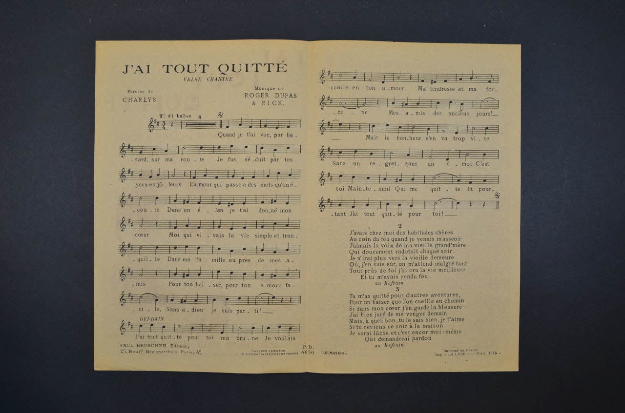 petit format, partition de musique, J'ai tout quitté