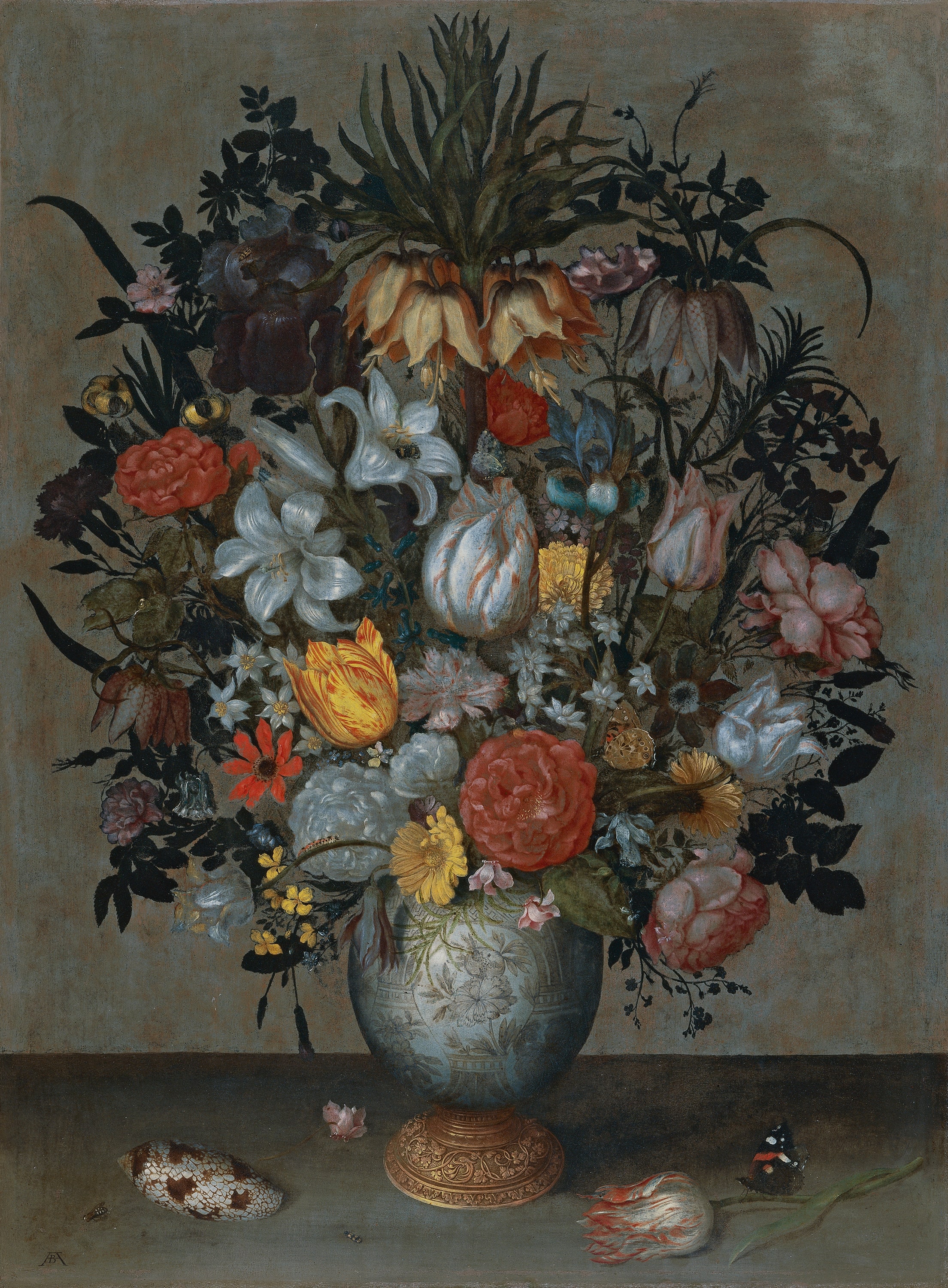 Chinese Vase with Flowers, Shell and Insects