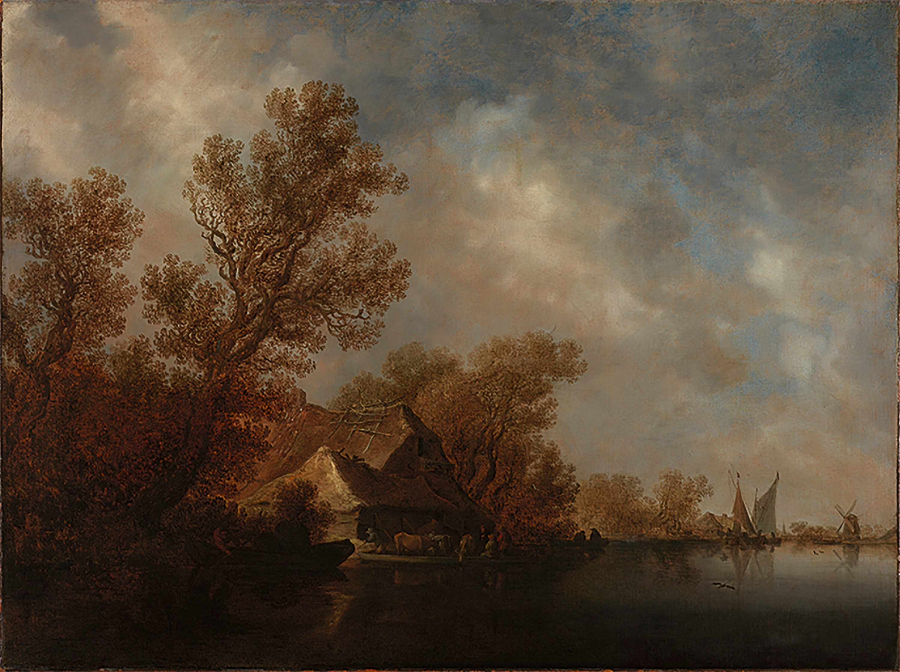 River Landscape with Ferry Boat and Cottages