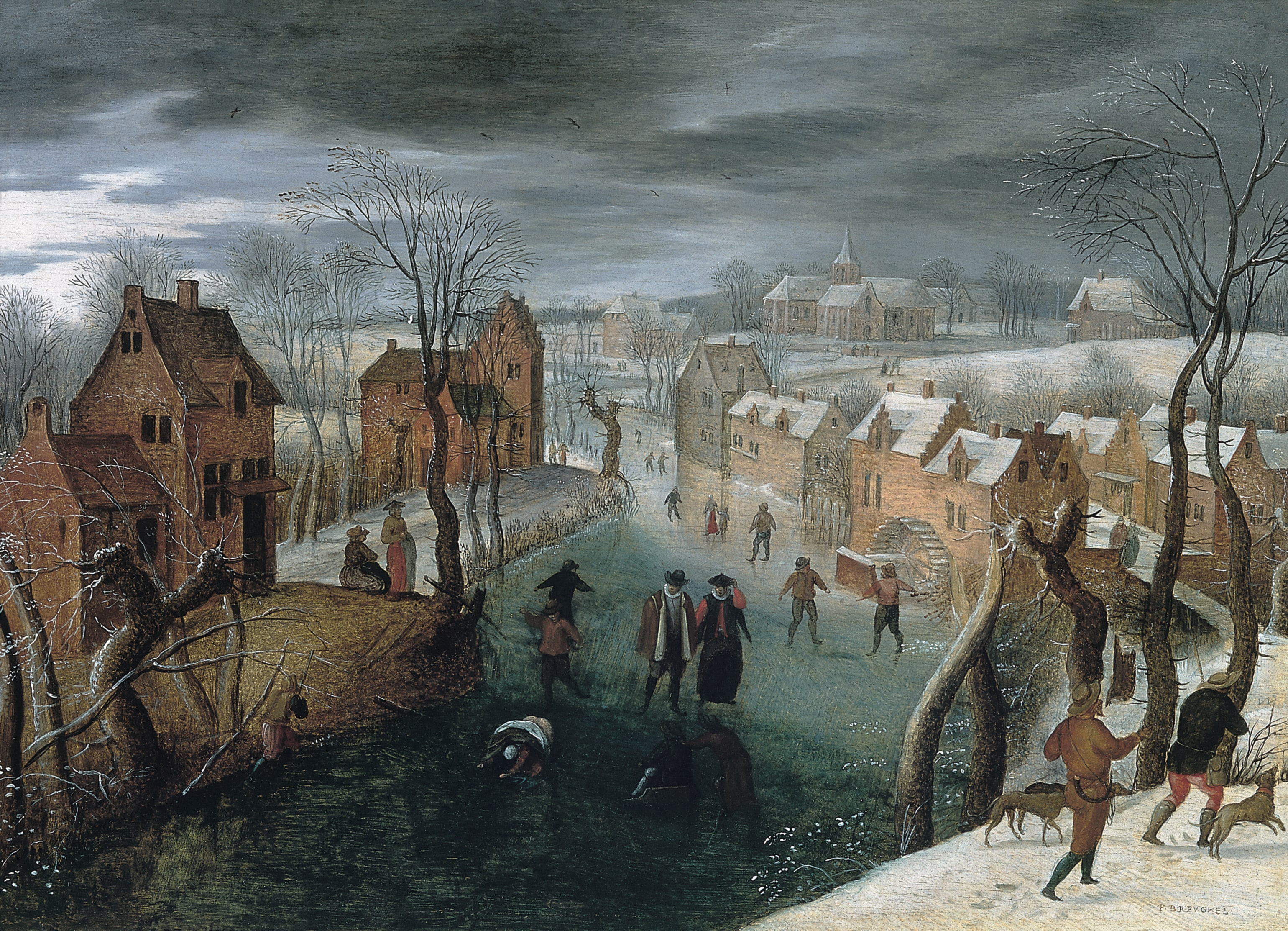 A Winter Landscape with a Village and Skaters on a Frozen River, Hunters in the Foreground