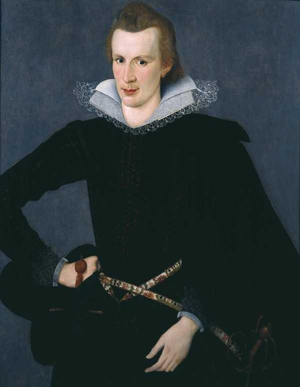 ‘Portrait of a Man in a Slashed Black Doublet‘, attributed to Sir William Segar, c.1605 | Tate
