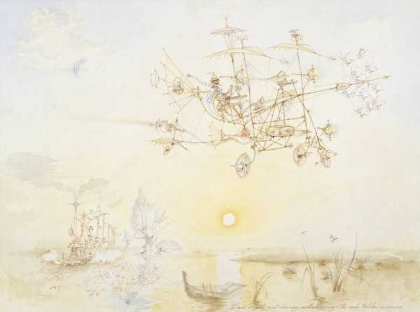 ‘Dawn Flight: Mist Clearing, Mallard Rising and the Early Up Slow Surprised‘, Rowland Emett, 1978 | Tate