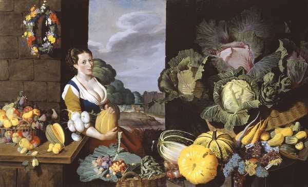 ‘Cookmaid with Still Life of Vegetables and Fruit‘, Sir Nathaniel Bacon, c.1620–5 | Tate