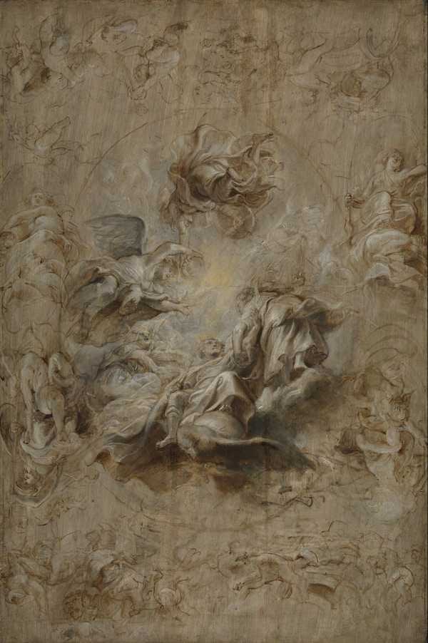 ‘The Apotheosis of James I and Other Studies: Multiple Sketch for the Banqueting House Ceiling, Whitehall‘, Sir Peter Paul Rubens, c.1628–30 | Tate