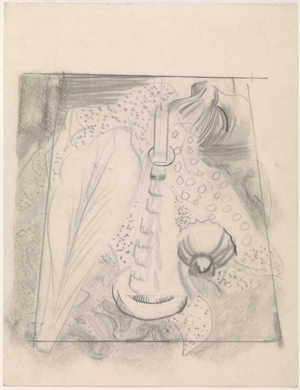 ‘Drawing of candlestick and candle, cloth and shapes