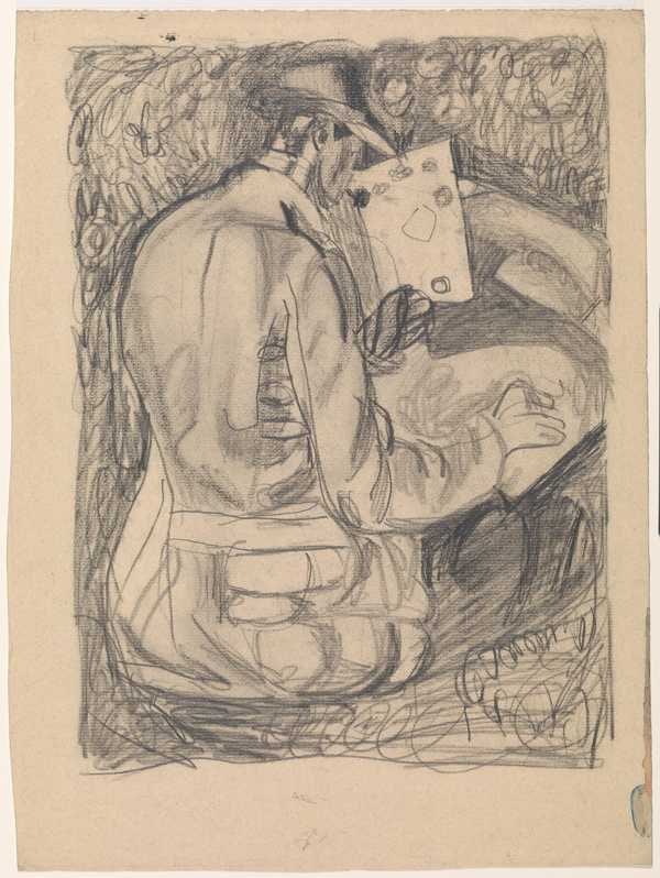 ‘Drawing of a seated man outdoors wearing a coat and hat, smoking a pipe and painting