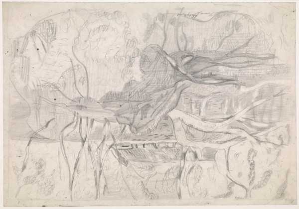 ‘Landscape drawing with fallen tree in the middle ground, river or lake in the foreground, with reflections