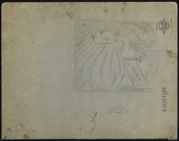 ‘Drawing of a landscape with trees and a small sketch of a bird with sums written on the reverse