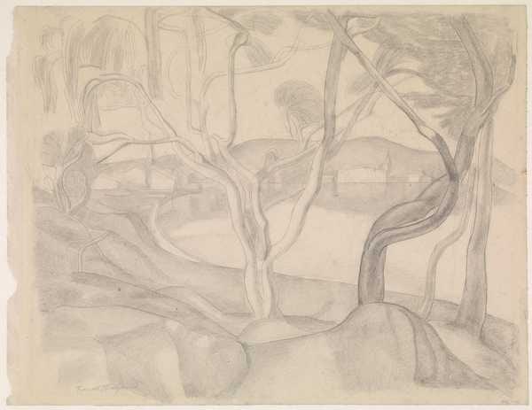 ‘Landscape drawing, trees in foreground, lake in middle ground and buildings around lake and hills