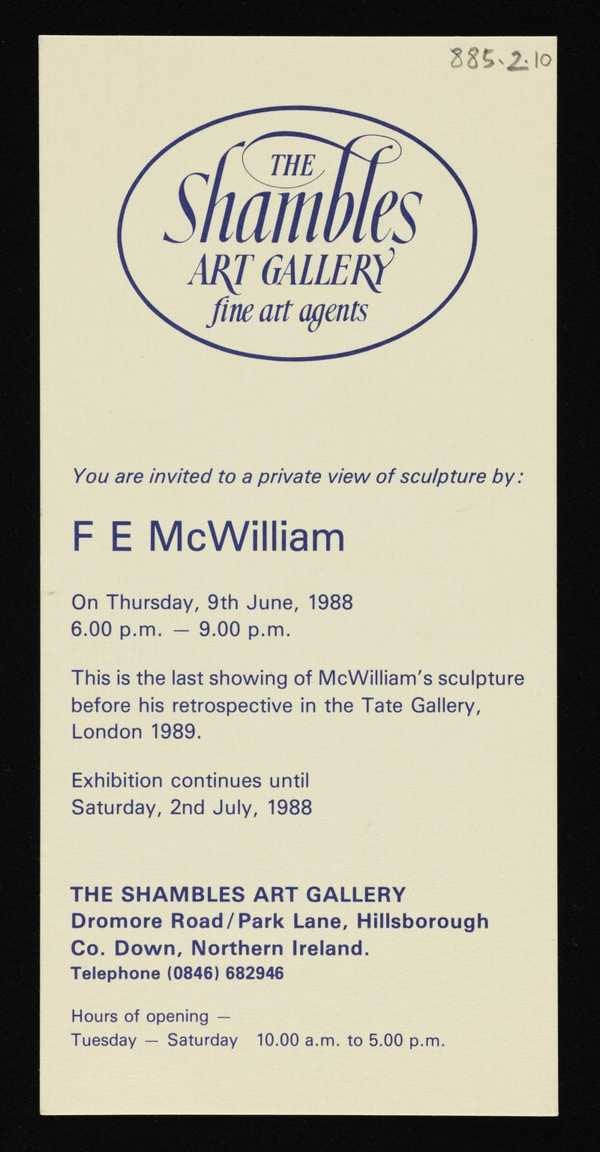 ‘Private view card, ‘F.E. McWilliam’, the Shambles Art Gallery, Hillsborogh, Co. Down