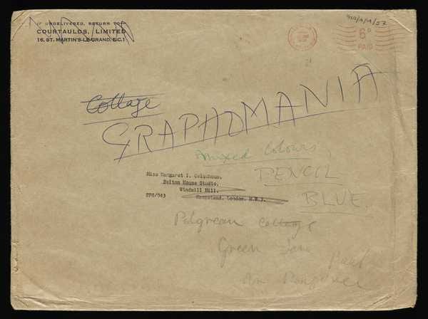 ‘Used envelope inscribed ‘GRAPHOMANIA: Mixed Colours, PENCIL BLUE’