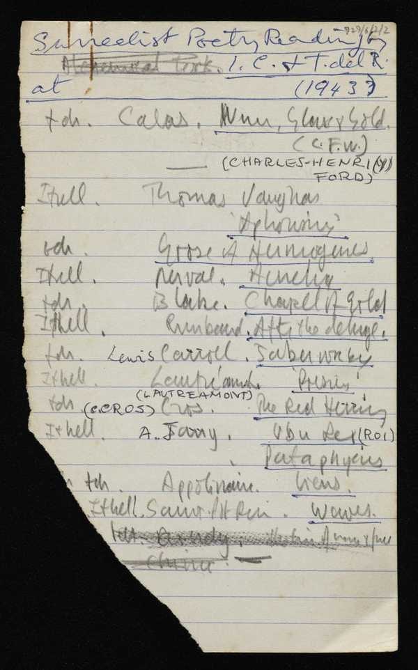 ‘List of surrealist poetry readings by Ithell Colquhoun and Toni del Renzio