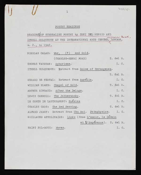 ‘Typed list of surrealist poetry readings by Ithell Colquhoun and Toni del Renzio at the International Arts Centre, London, in 1942