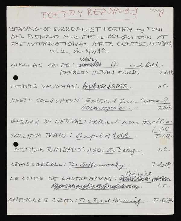 ‘List of surrealist poetry readings by Ithell Colquhoun and Toni del Renzio at the International Arts Centre, London, on 10 March 1944