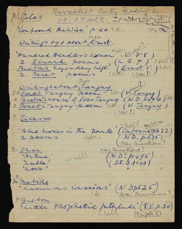 ‘List of surrealist poetry readings by Ithell Colquhoun and Toni del Renzio at the Alfred Torrie’s Arts Centre, London