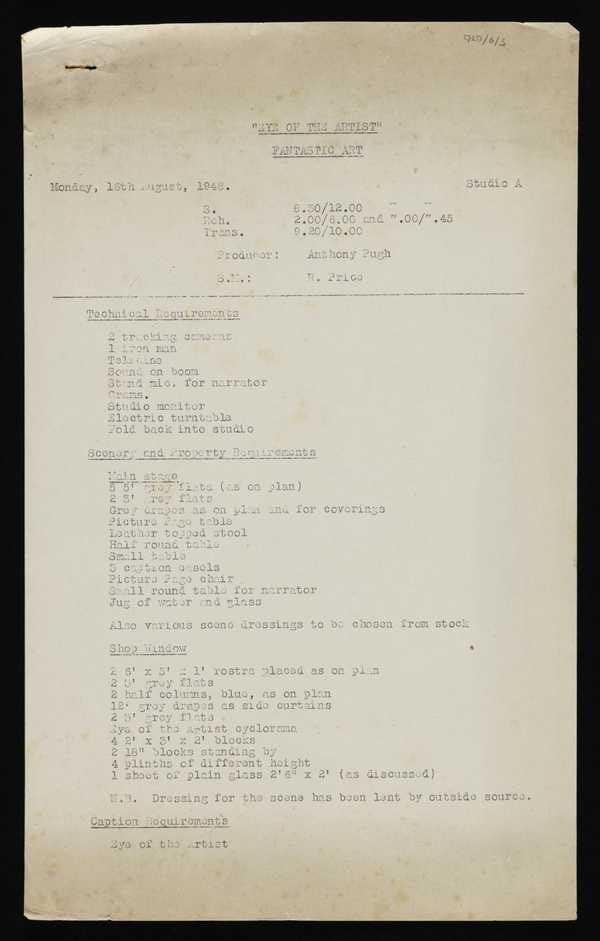 ‘Typescript for BBC television programme ‘Eye of The Artist’ titled ‘Fantastic Art’