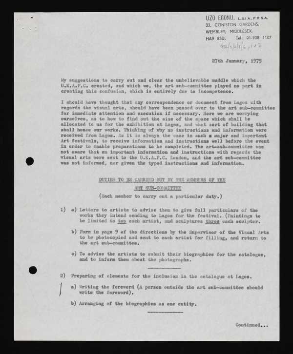 ‘Memorandum from Uzo Egonu to members of the art sub-committee