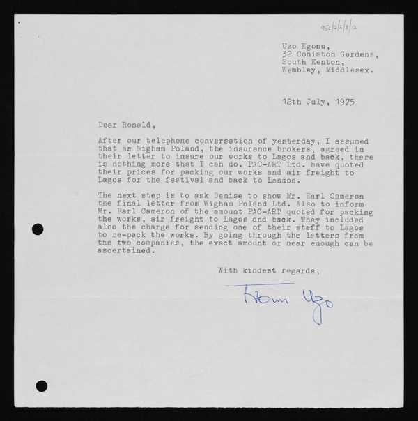 ‘Letter from Uzo Egonu, deputy chair of the Visual Arts sub-committee, to Ronald Moody