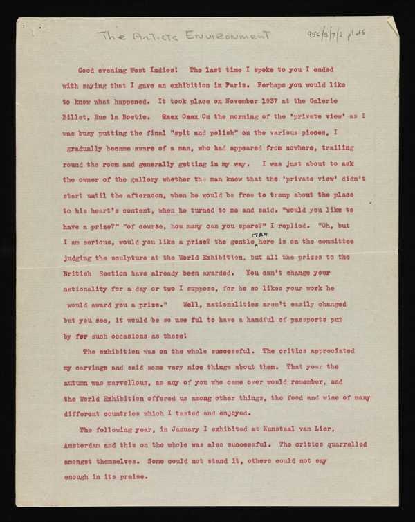 ‘Ronald Moody’s typescript for ‘The Artist’s Environment’ part of BBC’s ‘Discovering Art’ series