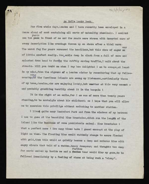 ‘Ronald Moody’s typescript of ‘An Exile Looks Back’ for ‘Caribbean Survey’