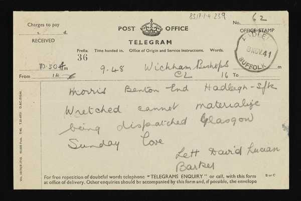 ‘Telegram from Arthur Lett-Haines to Cedric Morris
