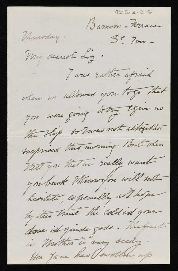 ‘Letter from Stanhope Forbes to Elizabeth Armstrong, addressed Barnoon Terrace, St Ives