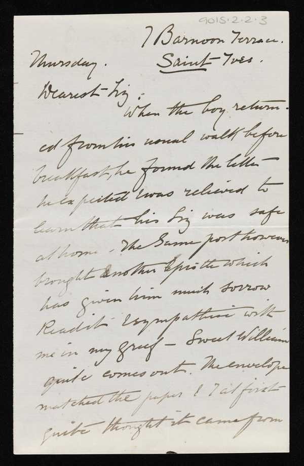 ‘Letter from Stanhope Forbes to Elizabeth Armstrong, addressed 7 Barnoon Terrace, St Ives